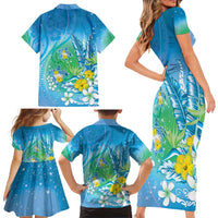 Hawaii Honu Family Matching Short Sleeve Bodycon Dress and Hawaiian Shirt Tropical Flowers Blue Gradient