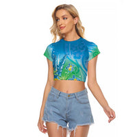 Hawaii Honu Raglan Cropped T Shirt Tropical Flowers Blue Gradient LT05 Female Blue - Polynesian Pride