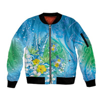 Hawaii Honu Sleeve Zip Bomber Jacket - Tropical Flowers Blue Gradient LT05 Unisex Blue - Polynesian Pride