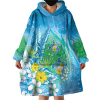 Hawaii Honu Wearable Blanket Hoodie Tropical Flowers Blue Gradient LT05 - Polynesian Pride