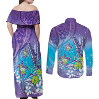 Hawaii Honu Couples Matching Off Shoulder Maxi Dress and Long Sleeve Button Shirt Tropical Flowers Purple Gradient LT05 - Polynesian Pride