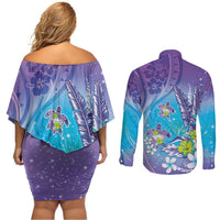 Hawaii Honu Couples Matching Off Shoulder Short Dress and Long Sleeve Button Shirt Tropical Flowers Purple Gradient LT05 - Polynesian Pride