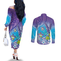 Hawaii Honu Couples Matching Off The Shoulder Long Sleeve Dress and Long Sleeve Button Shirt Tropical Flowers Purple Gradient LT05 - Polynesian Pride