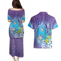 Hawaii Honu Couples Matching Puletasi and Hawaiian Shirt Tropical Flowers Purple Gradient LT05 - Polynesian Pride