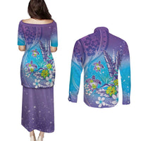 Hawaii Honu Couples Matching Puletasi and Long Sleeve Button Shirt Tropical Flowers Purple Gradient LT05 - Polynesian Pride