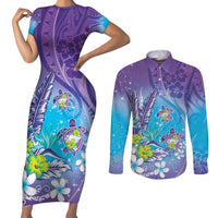 Hawaii Honu Couples Matching Short Sleeve Bodycon Dress and Long Sleeve Button Shirt Tropical Flowers Purple Gradient LT05 Purple - Polynesian Pride