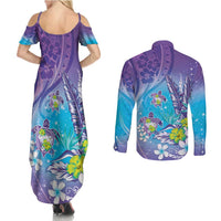 Hawaii Honu Couples Matching Summer Maxi Dress and Long Sleeve Button Shirt Tropical Flowers Purple Gradient LT05 - Polynesian Pride