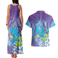 Hawaii Honu Couples Matching Tank Maxi Dress and Hawaiian Shirt - Tropical Flowers Purple Gradient LT05 - Polynesian Pride