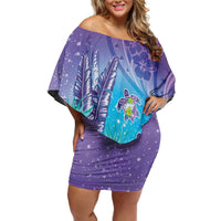 Hawaii Honu Family Matching Off Shoulder Short Dress and Hawaiian Shirt Tropical Flowers Purple Gradient