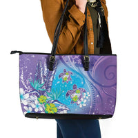 Hawaii Honu Leather Tote Bag - Tropical Flowers Purple Gradient LT05 - Polynesian Pride