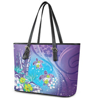 Hawaii Honu Leather Tote Bag - Tropical Flowers Purple Gradient LT05 - Polynesian Pride