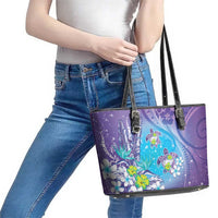 Hawaii Honu Leather Tote Bag - Tropical Flowers Purple Gradient LT05 - Polynesian Pride