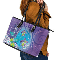 Hawaii Honu Leather Tote Bag - Tropical Flowers Purple Gradient LT05 - Polynesian Pride