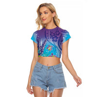 Hawaii Honu Raglan Cropped T Shirt Tropical Flowers Purple Gradient LT05 Female Purple - Polynesian Pride