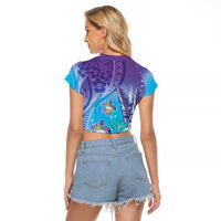 Hawaii Honu Raglan Cropped T Shirt Tropical Flowers Purple Gradient LT05 - Polynesian Pride