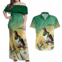 New Zealand Pigeon Kereru Couples Matching Off Shoulder Maxi Dress and Hawaiian Shirt Maori Fern Art Green Gradient - Polynesian Pride