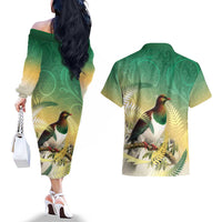 New Zealand Pigeon Kereru Couples Matching Off The Shoulder Long Sleeve Dress and Hawaiian Shirt Maori Fern Art Green Gradient - Polynesian Pride