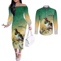 New Zealand Pigeon Kereru Couples Matching Off The Shoulder Long Sleeve Dress and Long Sleeve Button Shirt Maori Fern Art Green Gradient - Polynesian Pride