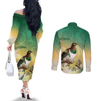 New Zealand Pigeon Kereru Couples Matching Off The Shoulder Long Sleeve Dress and Long Sleeve Button Shirt Maori Fern Art Green Gradient - Polynesian Pride