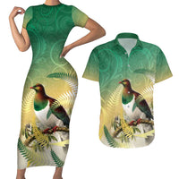 New Zealand Pigeon Kereru Couples Matching Short Sleeve Bodycon Dress and Hawaiian Shirt Maori Fern Art Green Gradient - Polynesian Pride