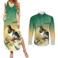 New Zealand Pigeon Kereru Couples Matching Summer Maxi Dress and Long Sleeve Button Shirt Maori Fern Art Green Gradient - Polynesian Pride