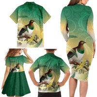New Zealand Pigeon Kereru Family Matching Long Sleeve Bodycon Dress and Hawaiian Shirt Maori Fern Art Green Gradient - Polynesian Pride