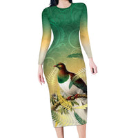 New Zealand Pigeon Kereru Family Matching Long Sleeve Bodycon Dress and Hawaiian Shirt Maori Fern Art Green Gradient - Polynesian Pride