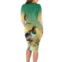 New Zealand Pigeon Kereru Family Matching Long Sleeve Bodycon Dress and Hawaiian Shirt Maori Fern Art Green Gradient - Polynesian Pride