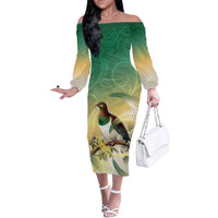 New Zealand Pigeon Kereru Family Matching Off The Shoulder Long Sleeve Dress and Hawaiian Shirt Maori Fern Art Green Gradient - Polynesian Pride