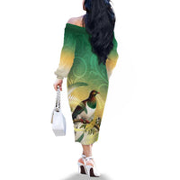 New Zealand Pigeon Kereru Family Matching Off The Shoulder Long Sleeve Dress and Hawaiian Shirt Maori Fern Art Green Gradient - Polynesian Pride