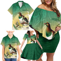 New Zealand Pigeon Kereru Family Matching Off Shoulder Short Dress and Hawaiian Shirt Maori Fern Art Green Gradient - Polynesian Pride