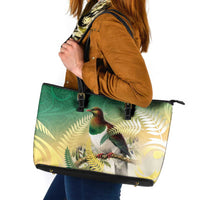 New Zealand Pigeon Kereru Leather Tote Bag Maori Fern Art Green Gradient - Polynesian Pride