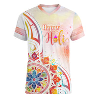 Happy Holi Festival Women V Neck T Shirt Rangoli With Polynesian Pattern LT05 Female White - Polynesian Pride