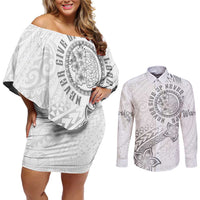 Brain Cancer Warrior Couples Matching Off Shoulder Short Dress and Long Sleeve Button Shirt Never Give Up LT05 White - Polynesian Pride