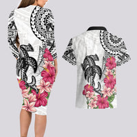 White Polynesian Hammerhead Shark Tribal Pattern Couples Matching Long Sleeve Bodycon Dress and Hawaiian Shirt LT05 - Polynesian Pride