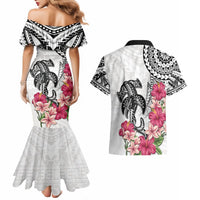 White Polynesian Hammerhead Shark Tribal Pattern Couples Matching Mermaid Dress and Hawaiian Shirt LT05 - Polynesian Pride