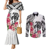 White Polynesian Hammerhead Shark Tribal Pattern Couples Matching Mermaid Dress and Long Sleeve Button Shirt LT05 White - Polynesian Pride