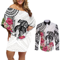 White Polynesian Hammerhead Shark Tribal Pattern Couples Matching Off Shoulder Short Dress and Long Sleeve Button Shirt LT05 White - Polynesian Pride