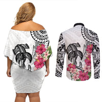 White Polynesian Hammerhead Shark Tribal Pattern Couples Matching Off Shoulder Short Dress and Long Sleeve Button Shirt LT05 - Polynesian Pride