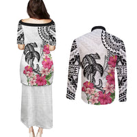 White Polynesian Hammerhead Shark Tribal Pattern Couples Matching Puletasi and Long Sleeve Button Shirt LT05 - Polynesian Pride