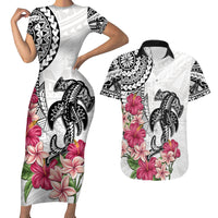 White Polynesian Hammerhead Shark Tribal Pattern Couples Matching Short Sleeve Bodycon Dress and Hawaiian Shirt LT05 White - Polynesian Pride