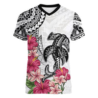 White Polynesian Hammerhead Shark Tribal Pattern Women V-Neck T-Shirt