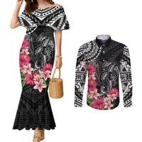 Black Polynesian Hammerhead Shark Tribal Pattern Couples Matching Mermaid Dress and Long Sleeve Button Shirt LT05 Black - Polynesian Pride