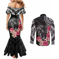 Black Polynesian Hammerhead Shark Tribal Pattern Couples Matching Mermaid Dress and Long Sleeve Button Shirt LT05 - Polynesian Pride