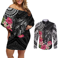 Black Polynesian Hammerhead Shark Tribal Pattern Couples Matching Off Shoulder Short Dress and Long Sleeve Button Shirt LT05 Black - Polynesian Pride