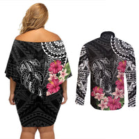 Black Polynesian Hammerhead Shark Tribal Pattern Couples Matching Off Shoulder Short Dress and Long Sleeve Button Shirt LT05 - Polynesian Pride