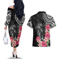 Black Polynesian Hammerhead Shark Tribal Pattern Couples Matching Off The Shoulder Long Sleeve Dress and Hawaiian Shirt LT05 - Polynesian Pride