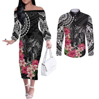 Black Polynesian Hammerhead Shark Tribal Pattern Couples Matching Off The Shoulder Long Sleeve Dress and Long Sleeve Button Shirt LT05 Black - Polynesian Pride