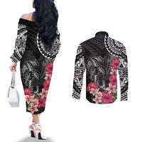 Black Polynesian Hammerhead Shark Tribal Pattern Couples Matching Off The Shoulder Long Sleeve Dress and Long Sleeve Button Shirt LT05 - Polynesian Pride
