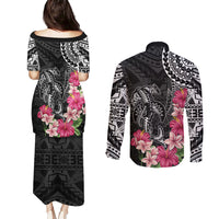 Black Polynesian Hammerhead Shark Tribal Pattern Couples Matching Puletasi and Long Sleeve Button Shirt LT05 - Polynesian Pride